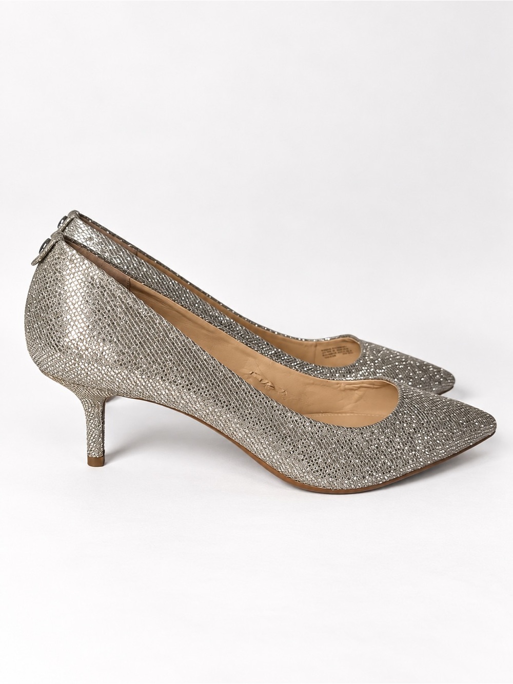 MK Michael Kors Silver Glitter Pointed Toe Kitten Heel Pumps Size 10M